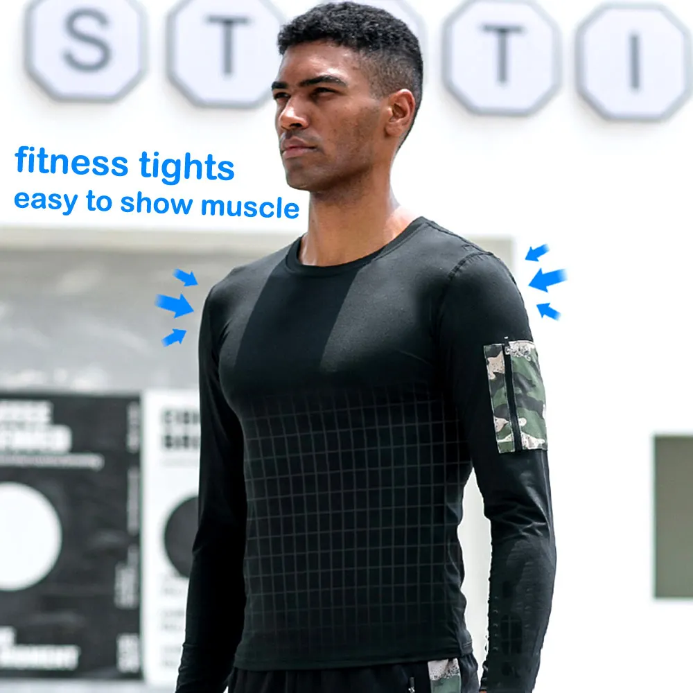 Zipper pocket Quick Dry Running Shirt Men Fitness Tights Sport Gym Sportswear Rashgard Outdoor T-shirt Compression Shirt
