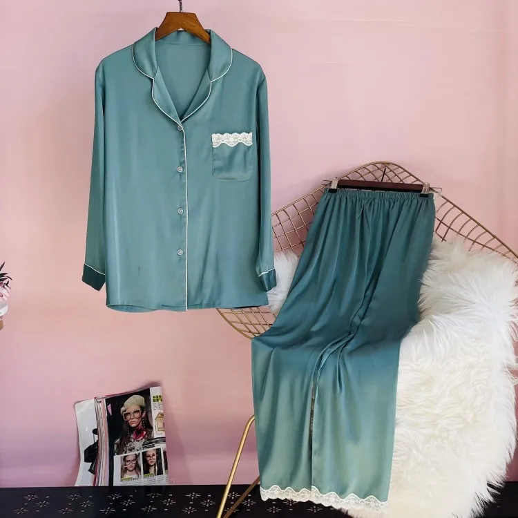 

2021 New Sleepwear Faux Silk Pajamas For Women 2PCS Shirt&Pants Casual Home Clothes Soft Pijamas Loungewear Lace Lingerie