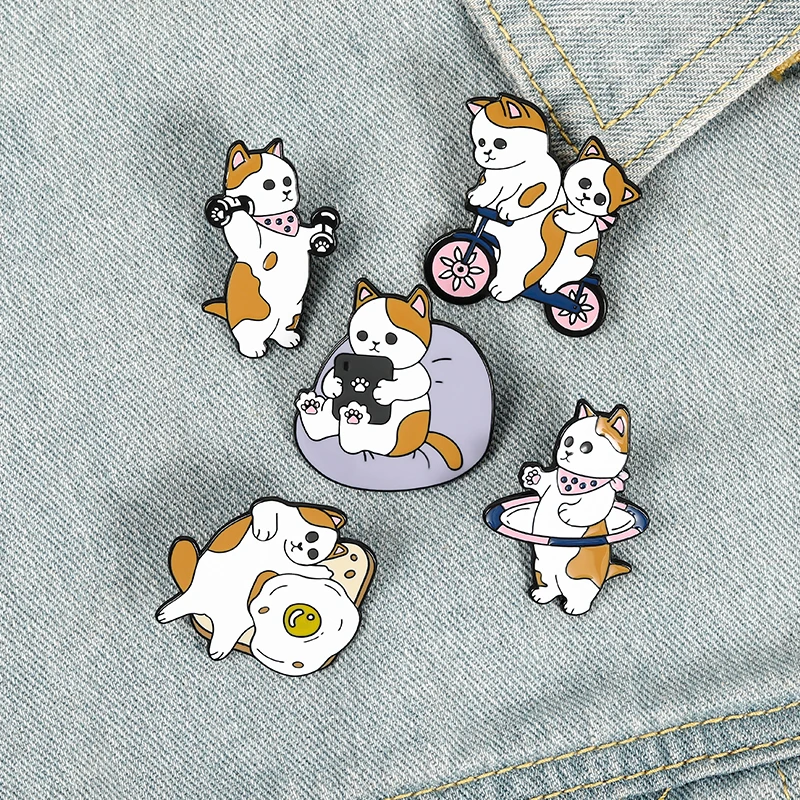 

Cat's healthy life Enamel Pins Fitness Nutritious meals Brooches Lapel Badges Fashion Pins Gifts for Friends Wholesale Jewelry