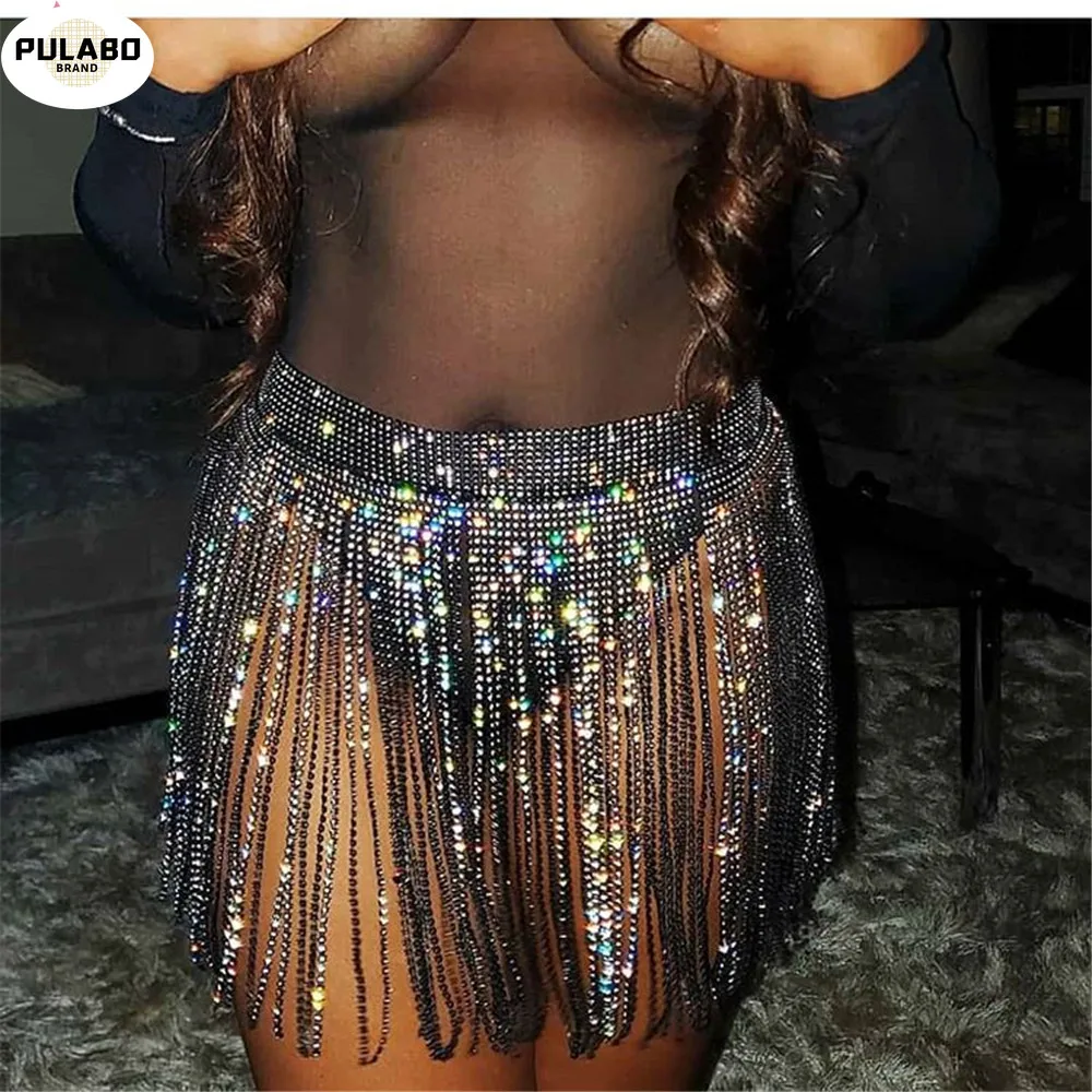 

Супер Блестящая юбка разы с кисточками на цепочке 2021 Новое поступление сексуальная блестящая юбка ручной работы для ночного клуба пляжная ...