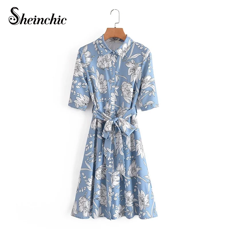 

Vintage Midi Floral Printed Dresses for Women 2021 Summer Casual Short Sleeve Blue Shirt Dress Female