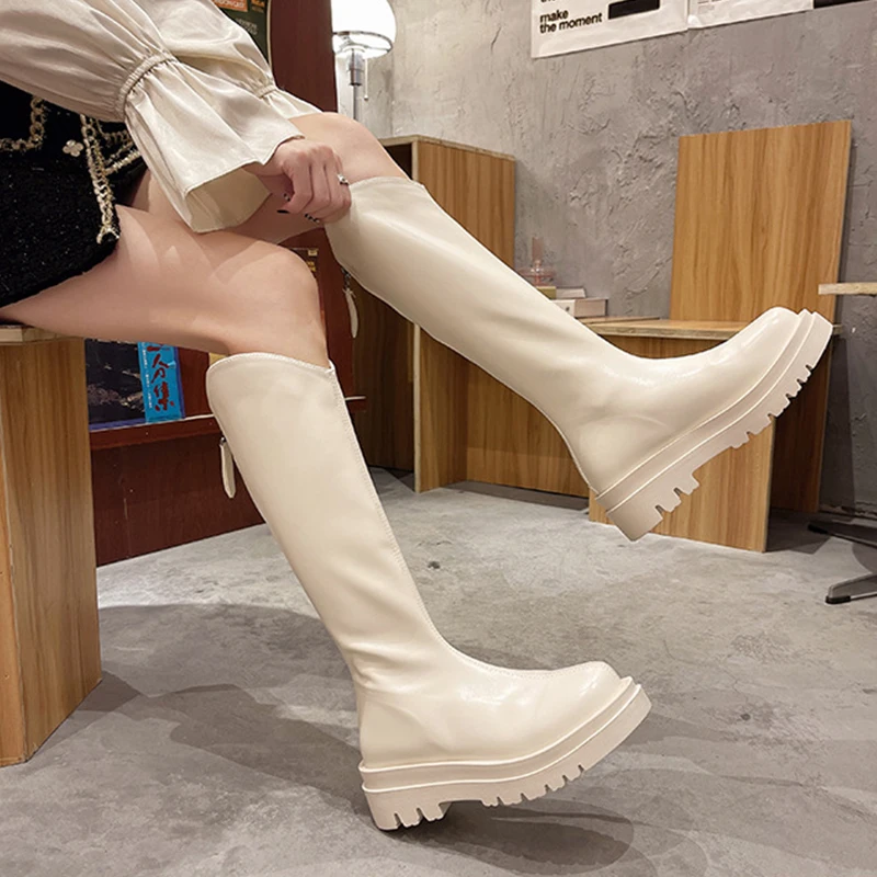 Женские высокие сапоги на толстой подошве, высокие сапоги выше колена, бархатные теплые сапоги В рыцарском стиле, весна-осень 2022