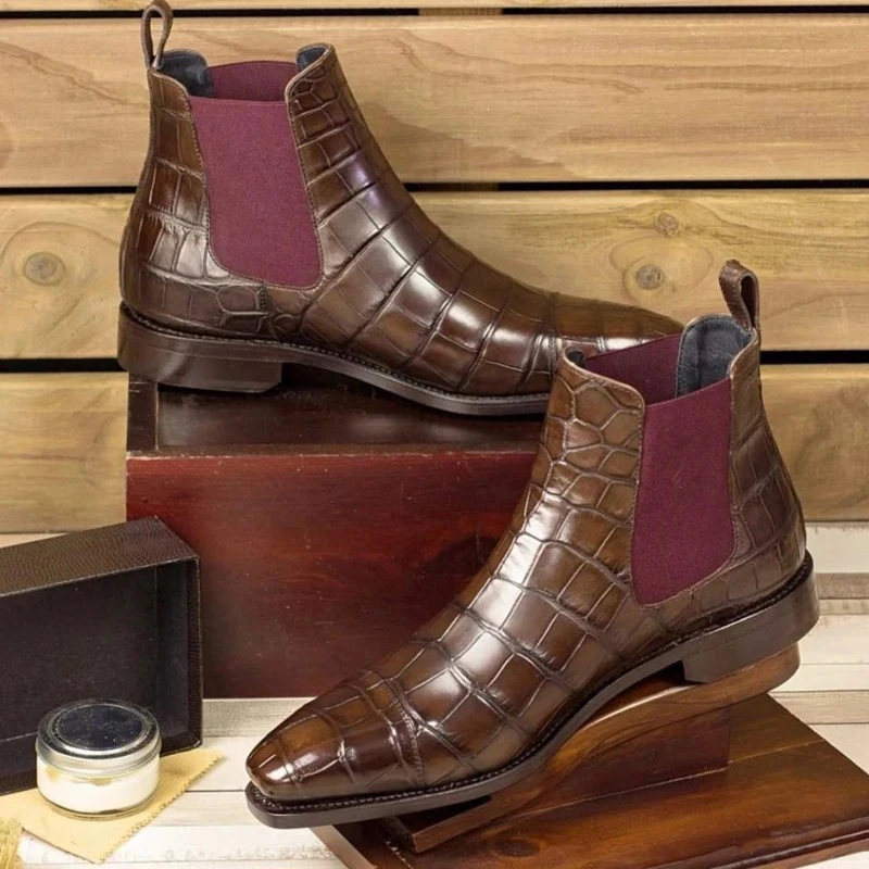 

New Vintage Men Chelsea Short Boots Italian Head Crocodile Pattern Luxury Casual Western Cowboy Boots Non-Slip Zapatos De Hombre