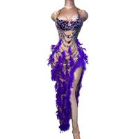 sexy nightclub purple rhinestones feather dress women sleeveless evening party birthday dress singer stage performance costume
