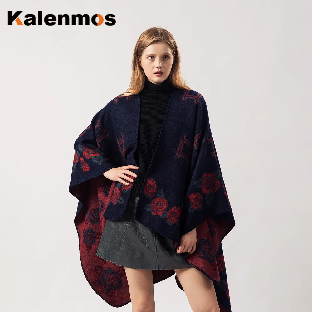 Плащ-пончо шарф Женская печать имитация розы кашемировые накидки Национальный