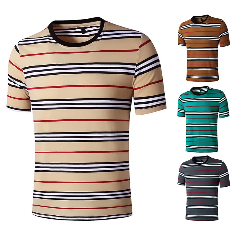 

Free Shipping 2021 Fashion Print Men's Stripe T-shirt Khaki Business Casual O-Neck Tee Mens Summer Short Sleeve T Shirts