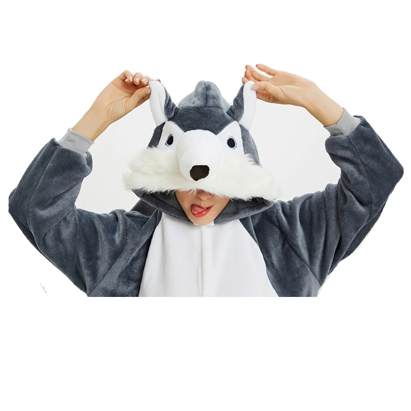 Фланелевая 3D серая Пижама для взрослых Kigurumi Wolf пижама с героями мультфильмов