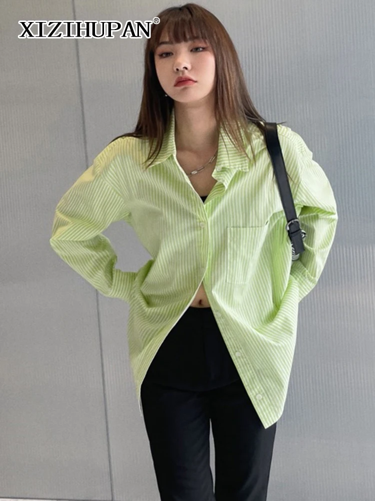 

XIZIHUPAN зеленая полосатая рубашка для женщин лацкан с длинным рукавом минималистская двухцветная Повседневная Блузка Женская Осенняя мода ...