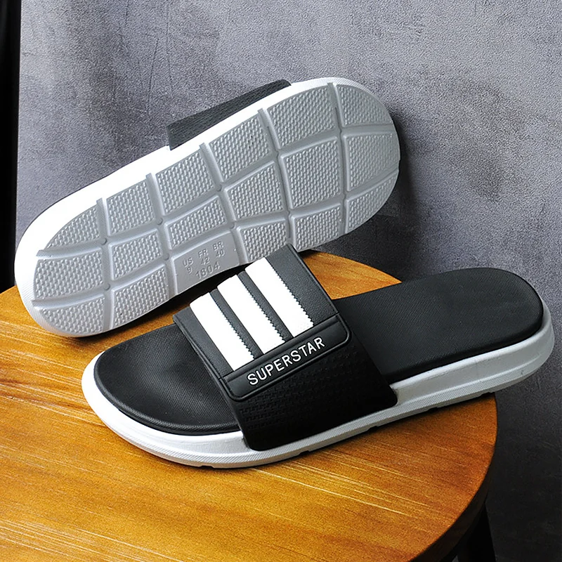 

Black Slippers Men Summer PVC Sole Striped Beach Slipper Wear-resistant Casual Mans Footwear Indoor non-slip bathroom slippers
