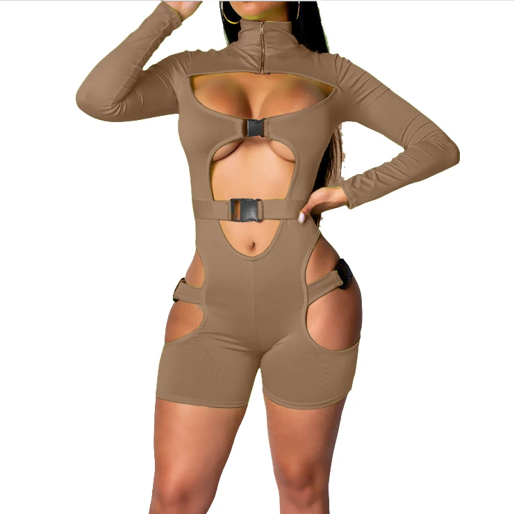 

Hot Sale New Style Women Sexy Hollow Out Overalls, Solid Color Turtleneck Long Sleeve Playsuit, Dark Purple/ Grey/ Coffee