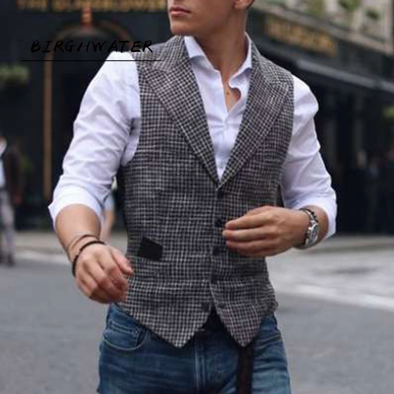 

2021 British style Men's Casual Tweed Vest Slim Fit Lapel custom made Waistcoat For Wedding Groomsmen Leisure Business