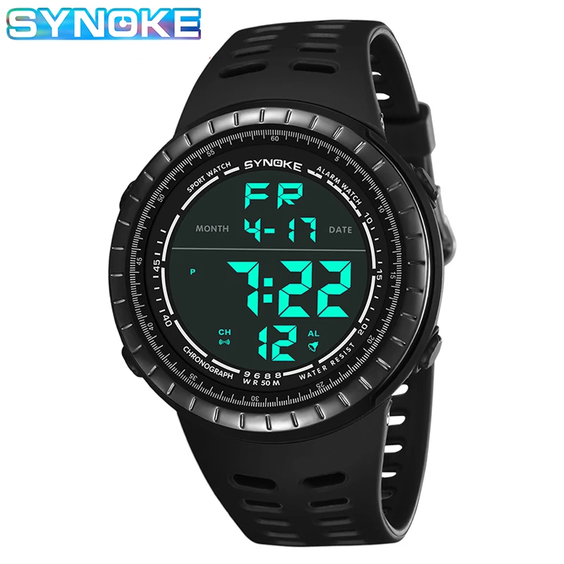 

Мужские Цифровые часы SYNOKE, водонепроницаемые, 50 м, для плавания, для улицы, спортивные часы, светящийся будильник, мужские часы