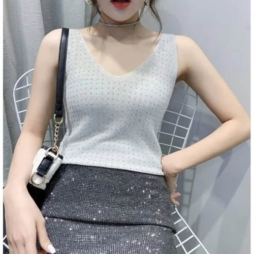 

2021 summer beautiful back sling women's ice silk top net red suit with knitted bottom vest women's fashion