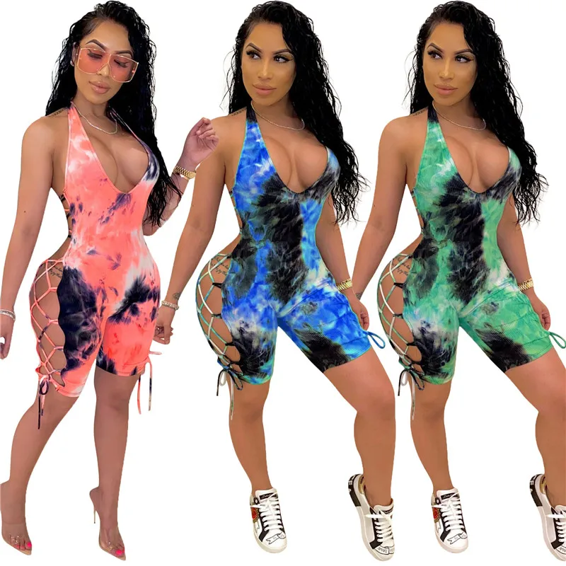 

2020 Sexy Women Deep V-neck Jumpsuit Sleeveless Halter Backless Side Hollow Out Playsuit Rompers Tie-dye Print Lace-up Jumpsuit