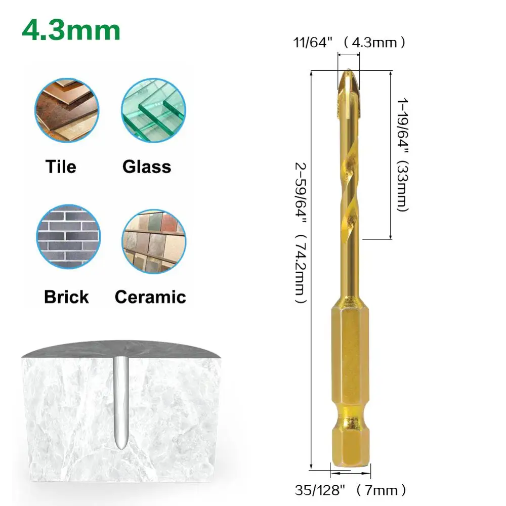 5 шт. 7 мм шестигранный хвостовик Спиральные стеклянные сверла набор сверл из
