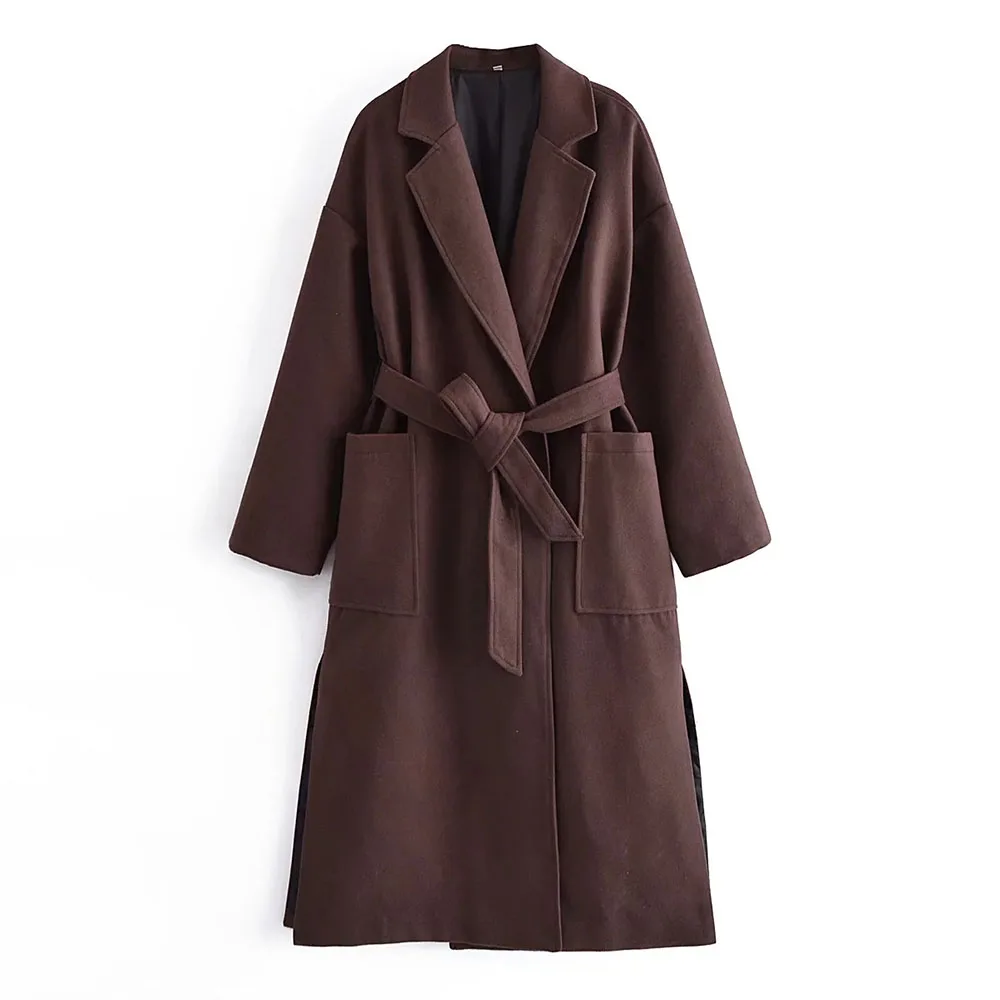 

DYLQFS 2021 женское коричневое элегантное офисное пальто с длинным рукавом, Женская винтажная уличная одежда без пуговиц и пояса, повседневный м...