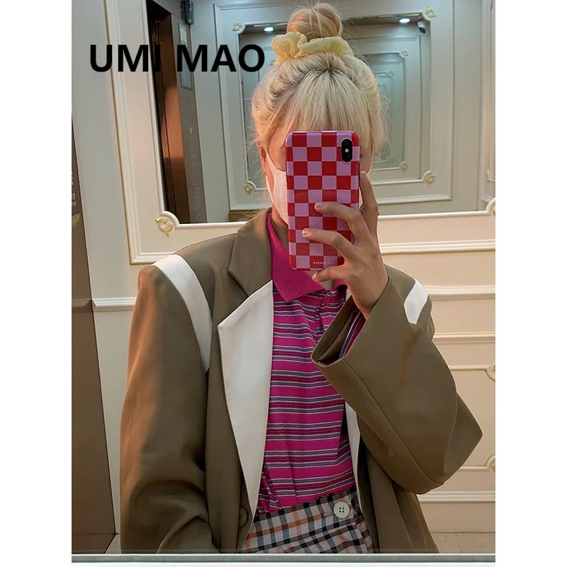 

UMI MAO Korean Satin Blazers Jacket Female Autumn 2021 New Loose Design Sense Niche Retro Ins Stitching Color Contrast Y2K