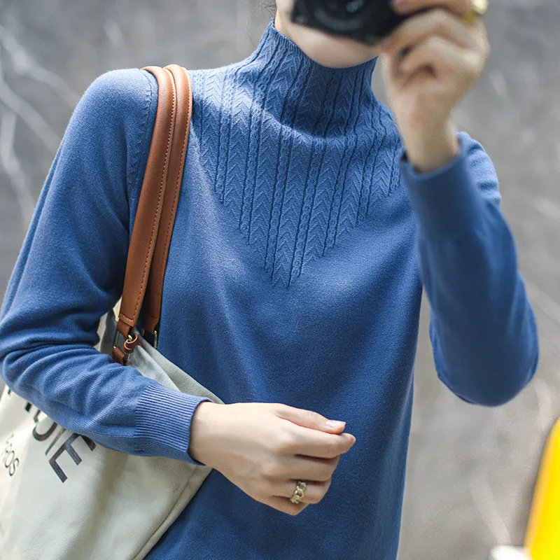 

2020 Autumn and Winter Lace Turtleneck Sweater Women Pullover Long Sleeve Solid Knitted Bottoming Sweater Womens Tops