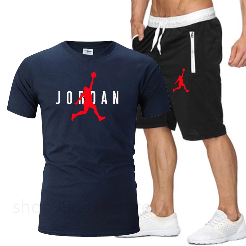 

2021Summer Men's T-shirt Set 2-piece Men's Sportswear Suit Basketball Sports Fitness Jordan-23 Printed Short Sleeve + Men's Suit