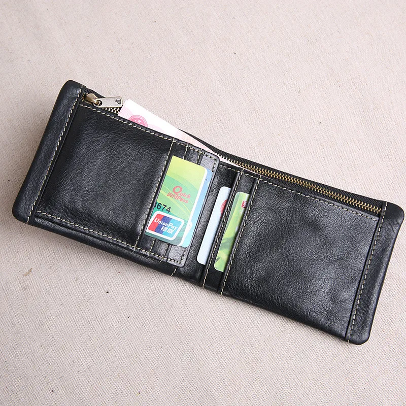 Simple casual genuine leather men's small wallet casual vintage soft real cowhide youth black thin multi-card holder coin purse
