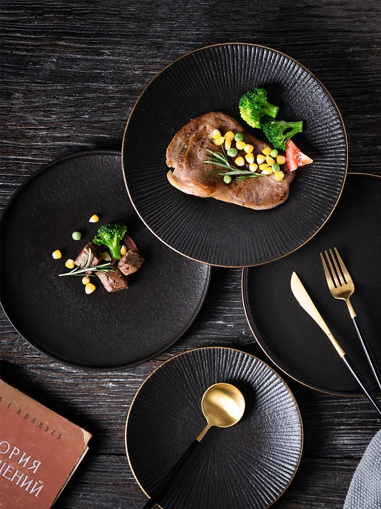 

Керамические тарелки в стиле ретро, модные круглые плоские тарелки в скандинавском стиле, креативные тарелки для ужина, столовые принадлеж...