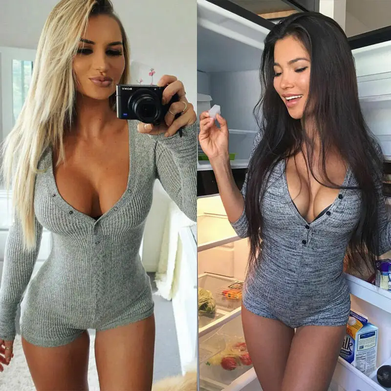 

2020 Women Sexy V Neck Cotton Bodysuit Long Sleeve Autumn Clothing Wear Sexy Slim Short Cotton Knitted Bodycon Bandage Jumpsuit