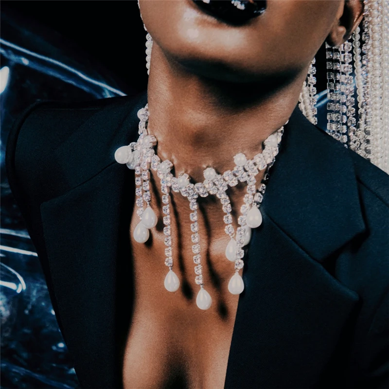 

New Luxury Statement Shiny Rhinestone Pearl Necklace Long Tassel Pendant Collar Bridal Wedding Necklace Jewelry Woman Decoration