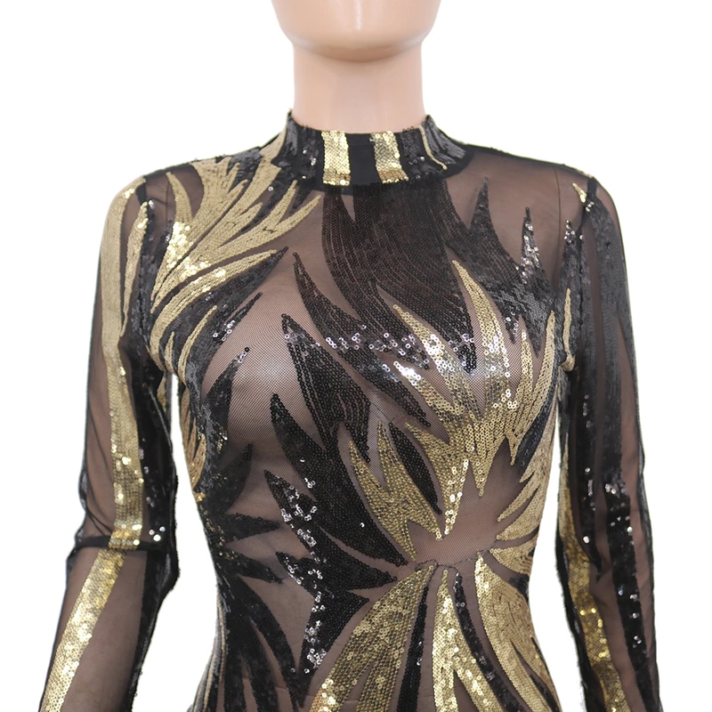 

Plus Size Fashion Sexy Perspective Mesh Dresses Women Party Night Club Dress 2020 Summer Long Sleeve Bodycon Sequined Midi Dress