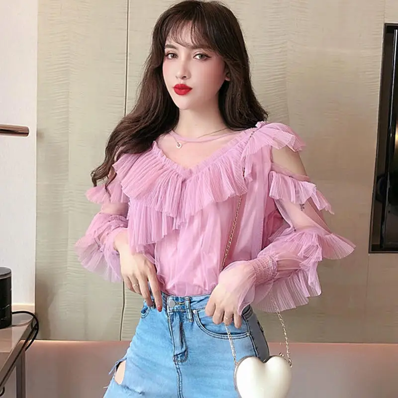 YoungGee женская блузка сексуальная с открытыми плечами сетчатая рубашка модная