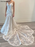 mermaid lace wedding dresses 2022 sleeveless v neck spaghetti strap open back appliques court train bride gown vestidos de noiva