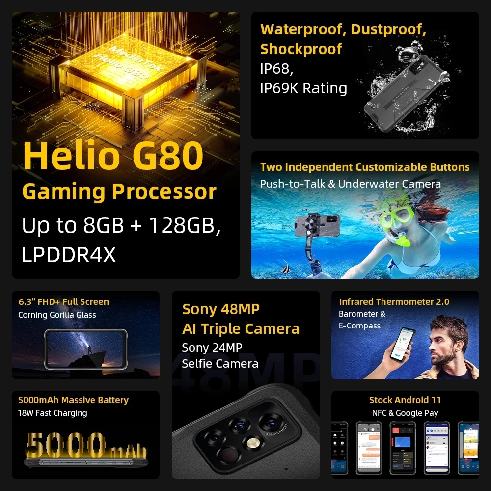 Смартфон UMIDIGI BISON Pro IP68/IP69K задняя камера 48 МП 6 3 дюйма Android 11 5000 мА · ч MTK Helio G80