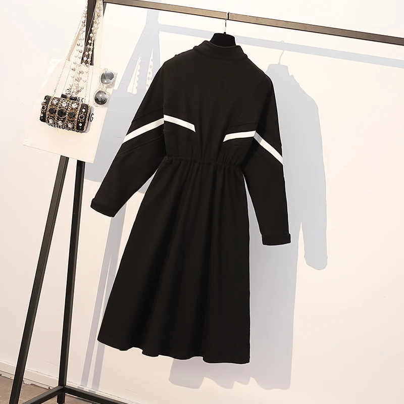 Большие размеры, XL-5XL, модное Спортивное платье, женские толстовки контрастного цвета, с длинными рукавами, Осень-зима, ТРАПЕЦИЕВИДНОЕ черно-белое платье, спортивная одежда