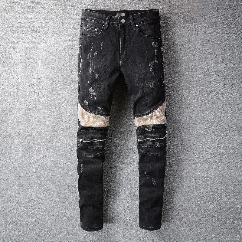 

Vintage Punk Spliced Jeans Men 2021 Zipper Pleated Designer Jeans Men For Motorcyle Blue Streetwear Worn Jeans Pants Trousers