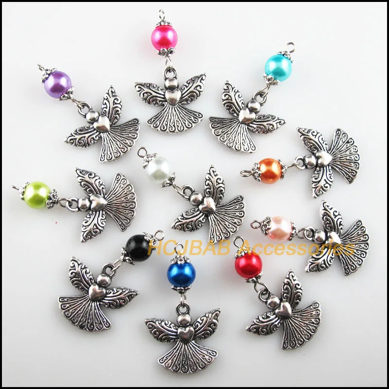10 новых шармов в форме сердца ангела, смешанные стеклянные бусины, подвески из тибетского серебра 21x39 мм