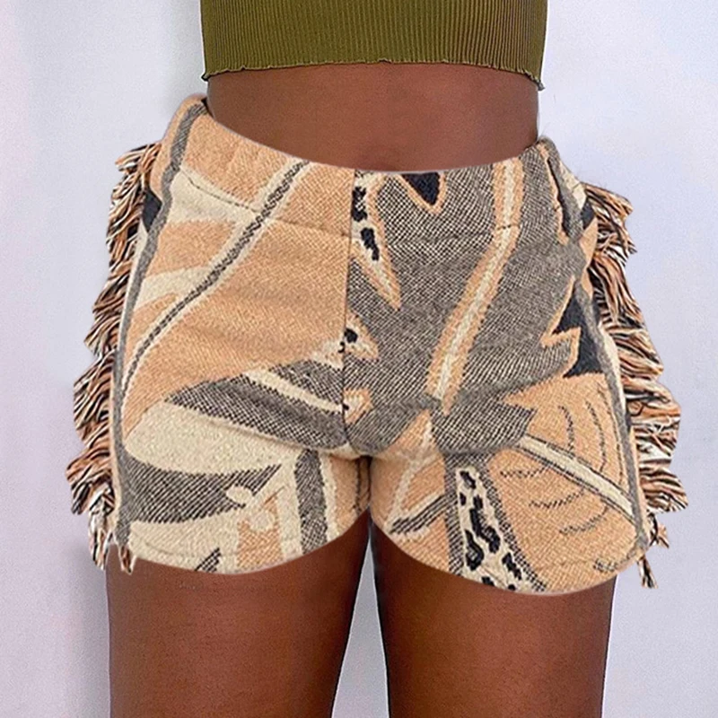 

Vintage Women Retro Print Summer Pants Fashion Folk Style Side Tassel Patchwork Shorts Lady Streetwear Elastic Shorts Mujer