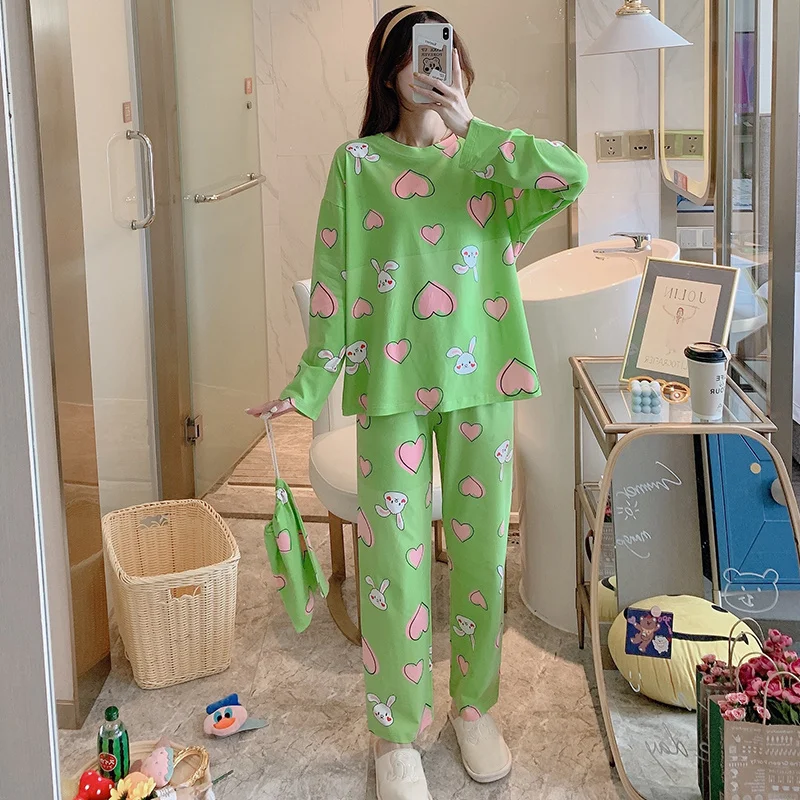 

Пижама женская тонкая весенне-осенняя с длинным рукавом и изображением сердца кролика