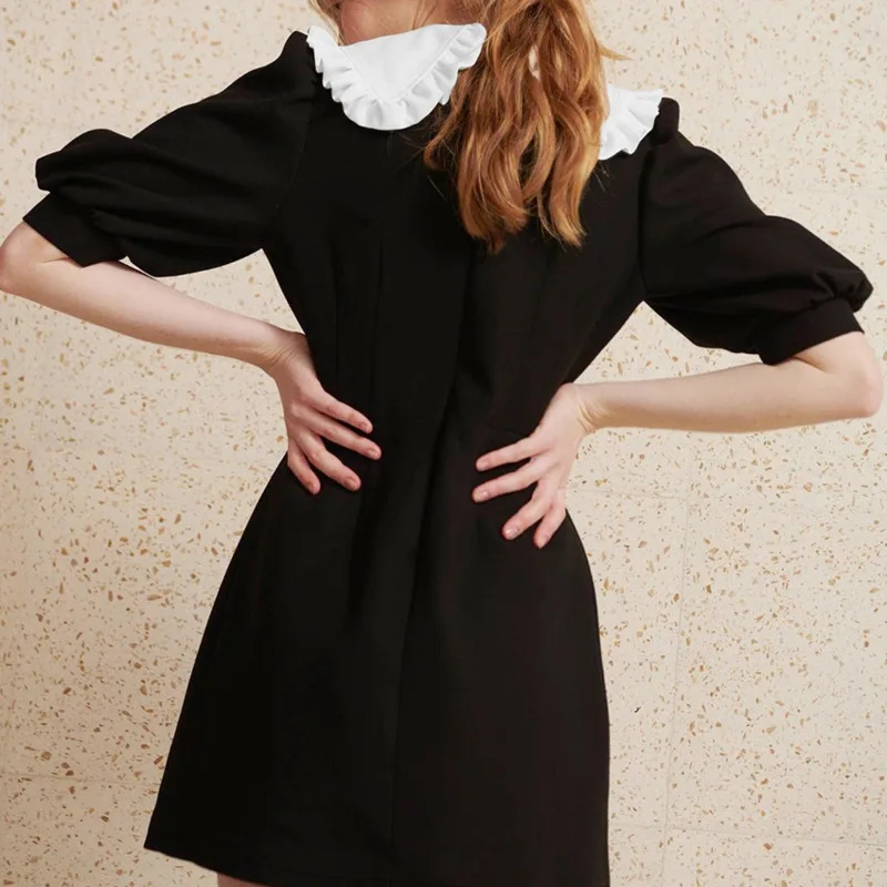 

Women Blue Dress Peter Pan Collar Knitted Sweet Lantern Sleeve Elegant High Waist Casual Black Chic Lady Mini Dress Vestidos