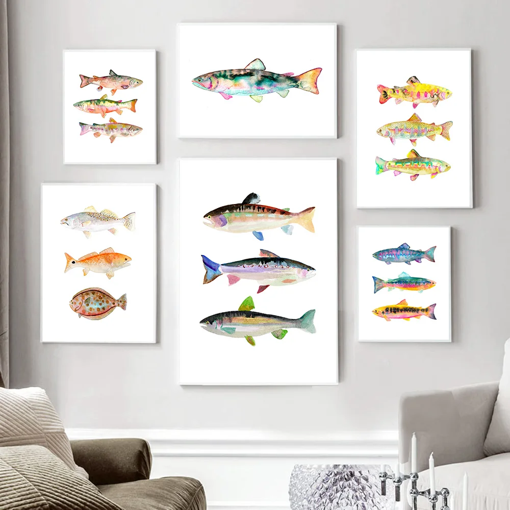 

Trout Watercolor Poster Blue and Green Watercolor Fish Art Canvas Painting Fish Print Home Decor Wall Painting For Living Room