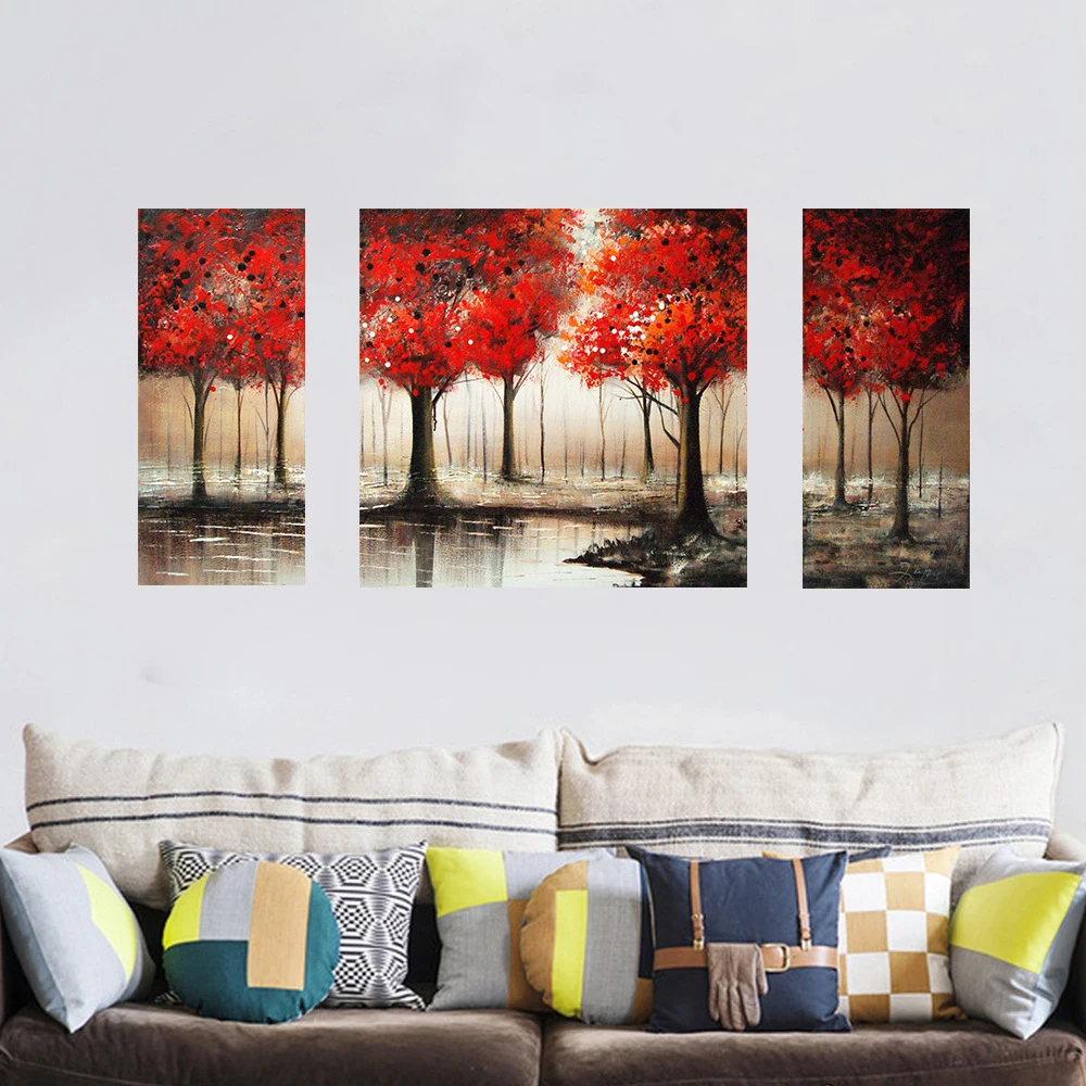 3D Ручная роспись красный лес Тройная картина маслом настенные наклейки Коридор