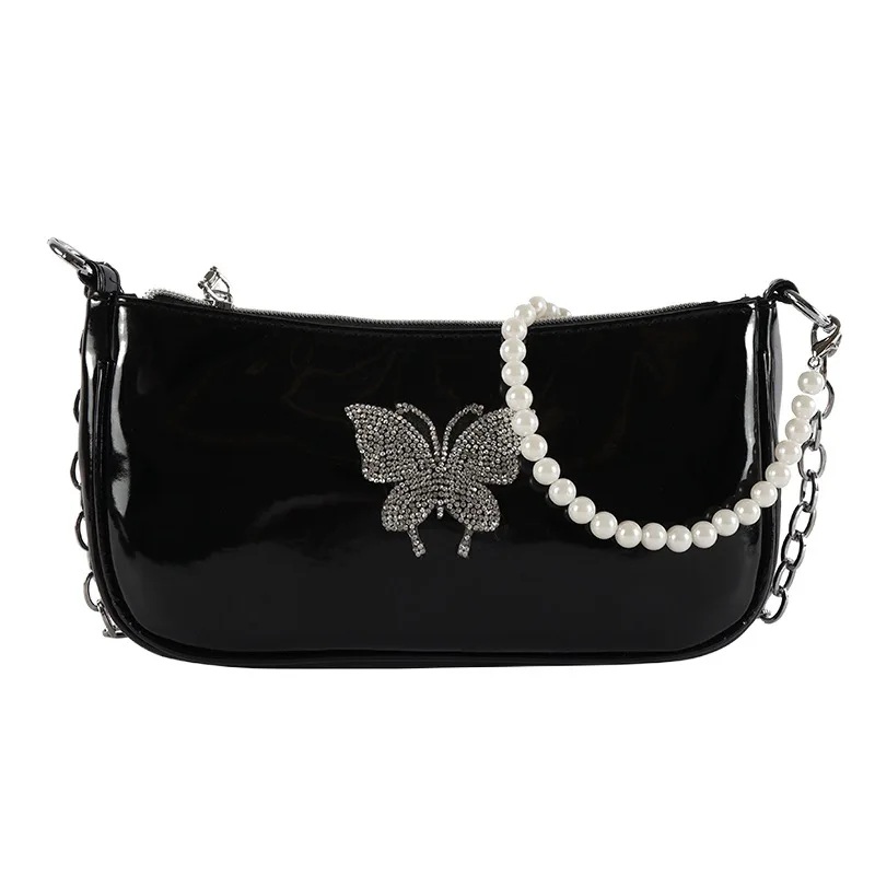 

Butterfly Girls Chain Armpit Handbags Vintage Black Baguette Shoulder Bag for Women Patent Leather Diamond Pearl Crossbody Bags