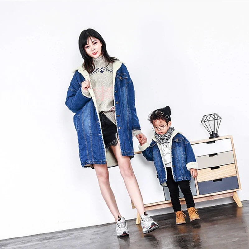 Платье для мамы и дочки одежда длинная джинсовая куртка из овечьей шерсти