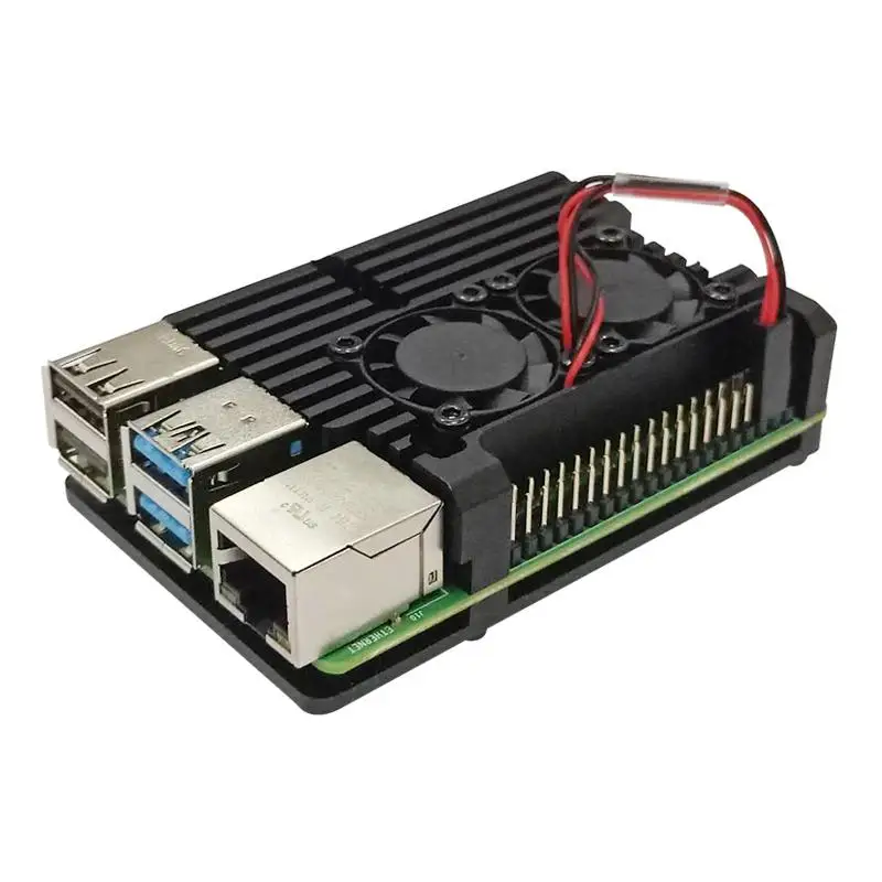 

Алюминиевый Чехол для Raspberry Pi 4 с двойным охлаждающим вентилятором, металлический корпус, черный корпус для RPI 4, Модель B