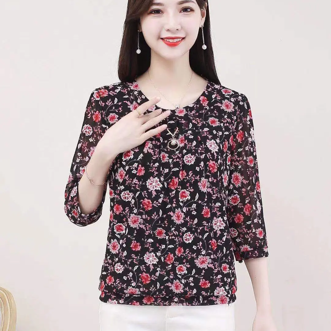 

Women Spring Autumn Lace Long Sleeve Shirts Floral Print Tops Elegant O-Neck Loose Casual Blouses Blusas MM01233