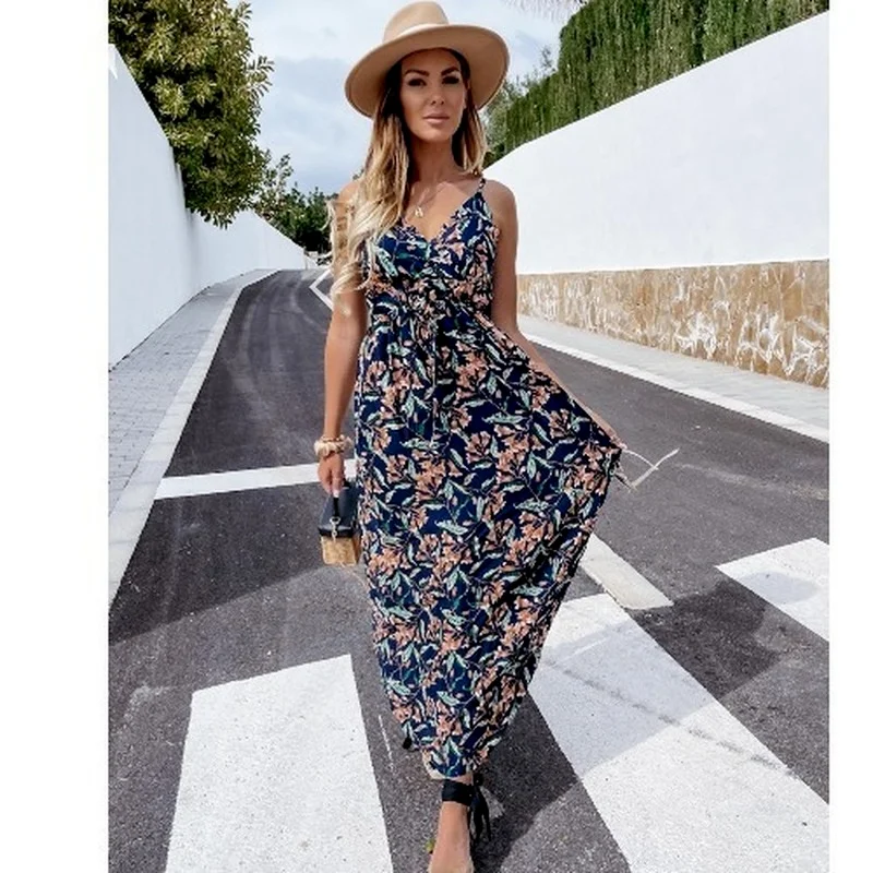 

2021 Summer New Sexy Print Suspender V-Neck Long Dress