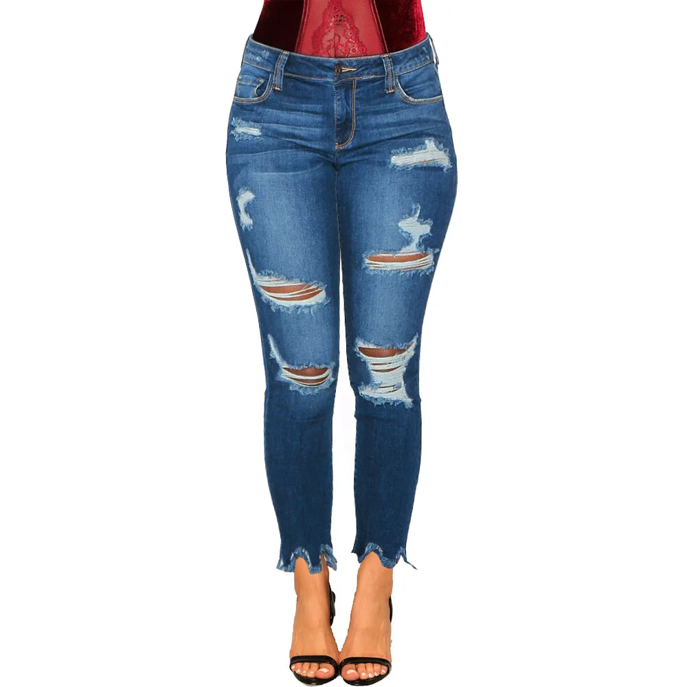 

2021 Spring Large Women Pants Fashion Small Foot Ripped Jeans For Women