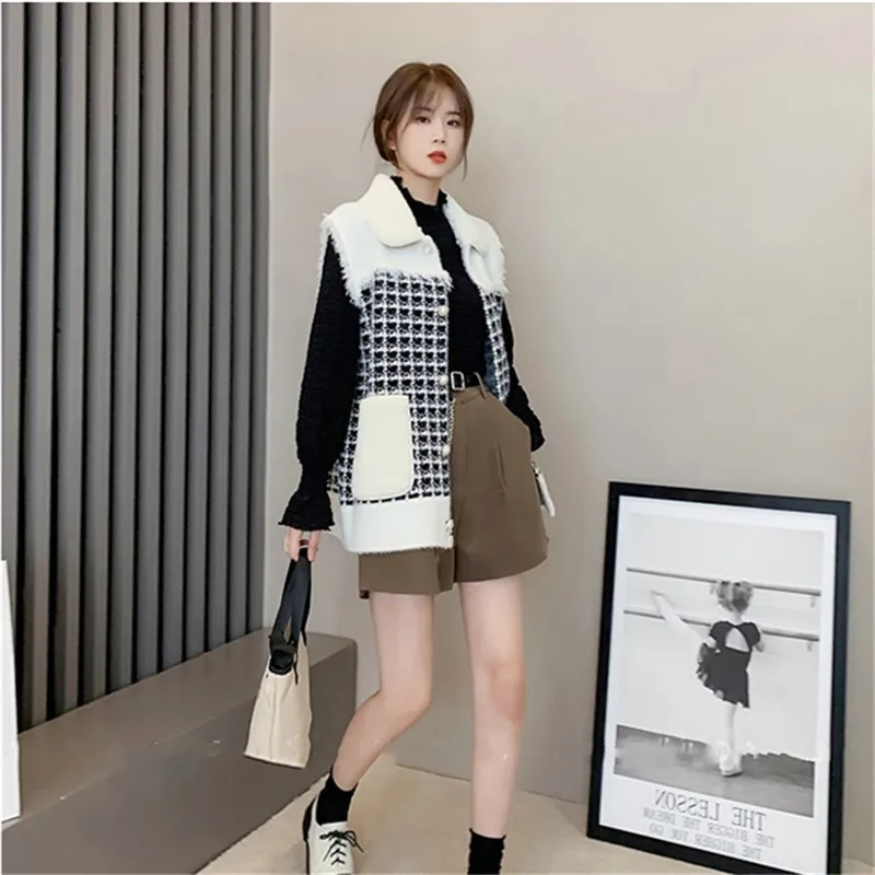 

Faux Lamb Hair Vest Women Autumn And Winter Plaid Small Fragrance Wind Autumn And Winter Vest Fashion Outer Jacket Female C152