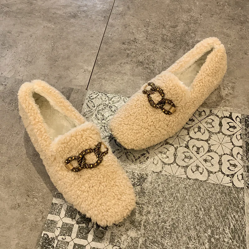 

2020 New Spring Warm Plush Flats Women Shoes Woman Metal Buckle Square Low Heels Fur Casual Shoes Female Slip on Ladies Shoes
