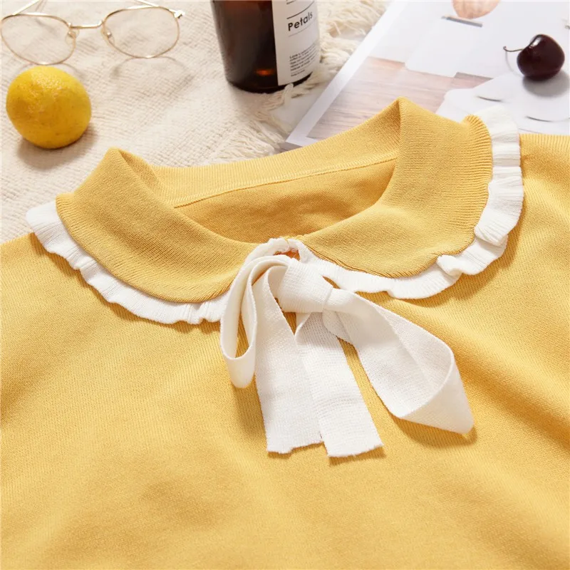 

Autumn Korean Fashion Women Sweater Turn-Down Collar Bow Sweater Casual Wild Long Sleeve Knitted Pullovers Kawaii Female Tops