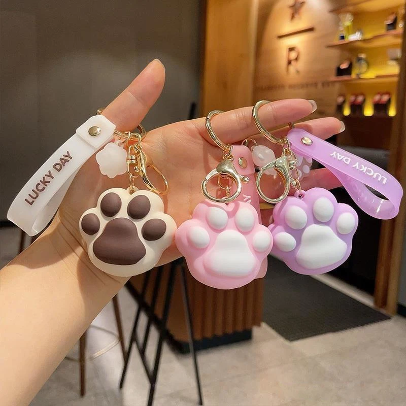 Cute Cartoon Silicone Dog Cat Paw Keychain Girls School Bag Handbag Decor Animal Claws Keyring Fashion Women Jewelry Gift 2022