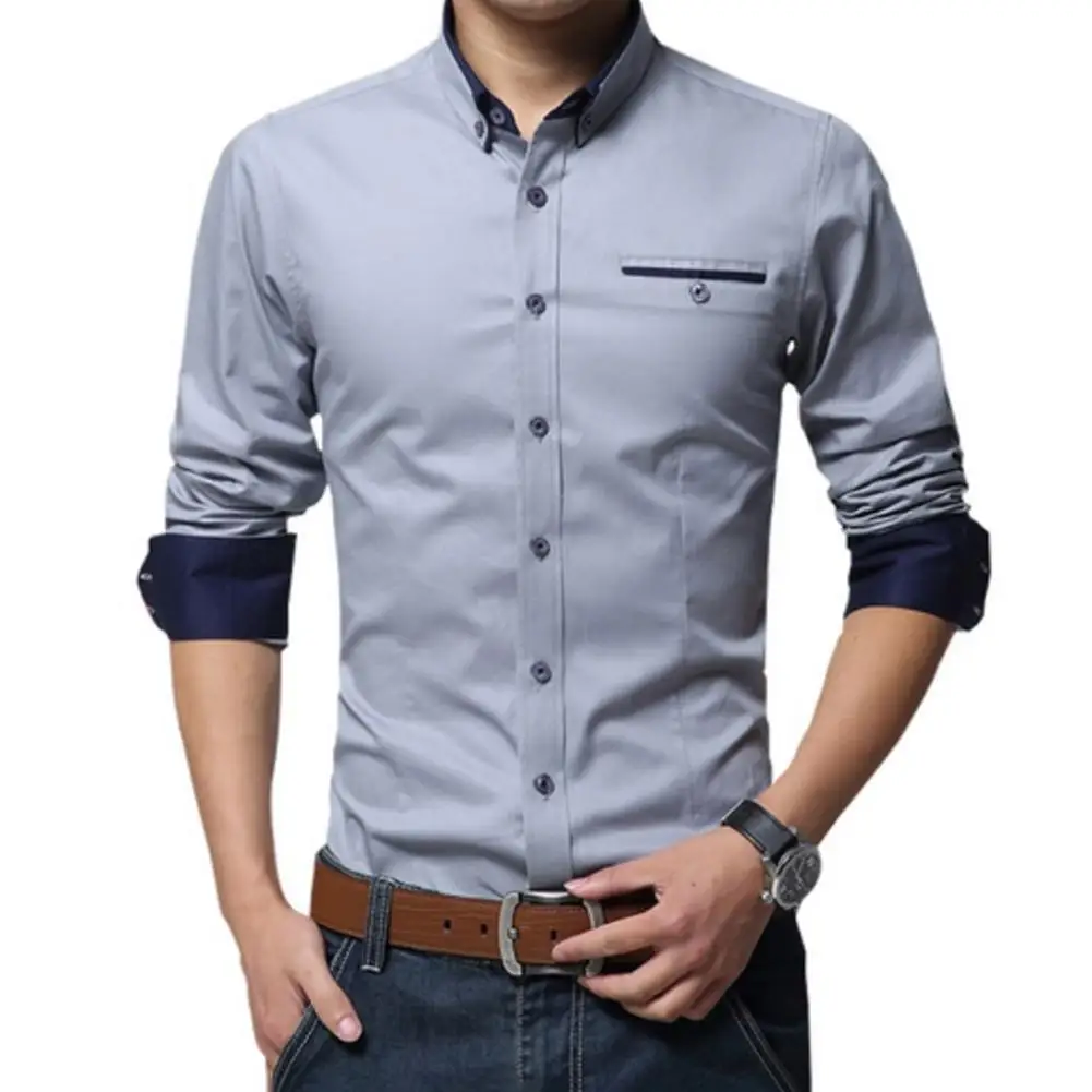 

Fashion Men Solid Color Long Sleeve Turn Down Collar Shirt Slim Blouse Tops 2020